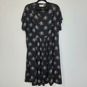 Handmade Black Floral Print Midi Dress Short Sleeve Boxy Y2K Casual Lightweight